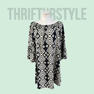 R Rouge Women's LARGE sheath dress, bell sleeves, Midi dress, black & White Boho